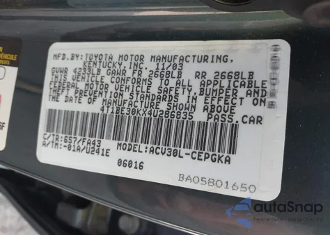 2004 Toyota Camry Xle z USA, uszkodzony, nr VIN 4T1BE30KX4U286835